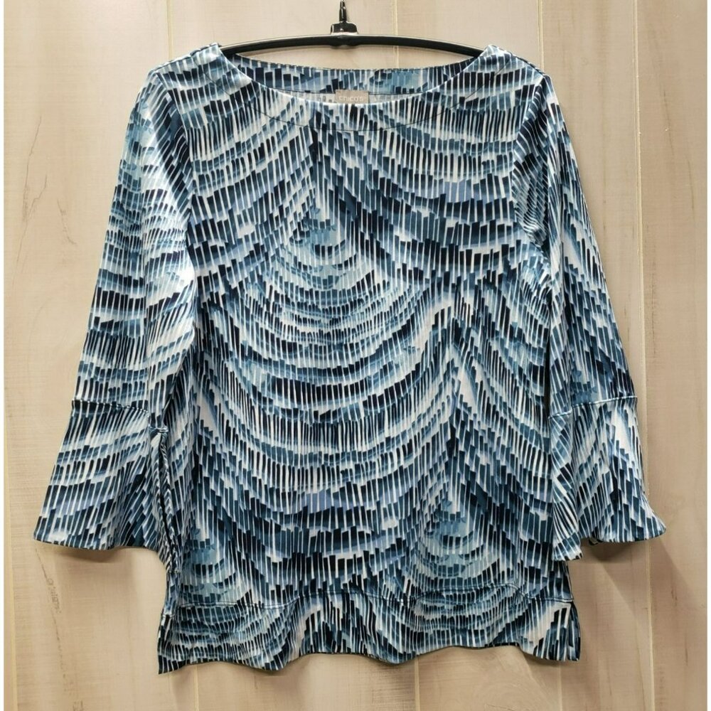 Chicos Blouse, Blue & White, 3/4 Sleeve w split flared cuff, Size 0, Small